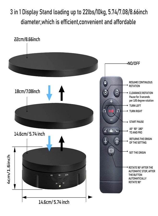 JAYEGT 3 in1 Motorized Rotating Display Stand with 5.74 /7.08/ 8.66 inch Replacement Cover，Max 22lbs Load，360 Electronic Turntable for Photography Products (3 in1 / Black/ With Remote controller) - Image 2